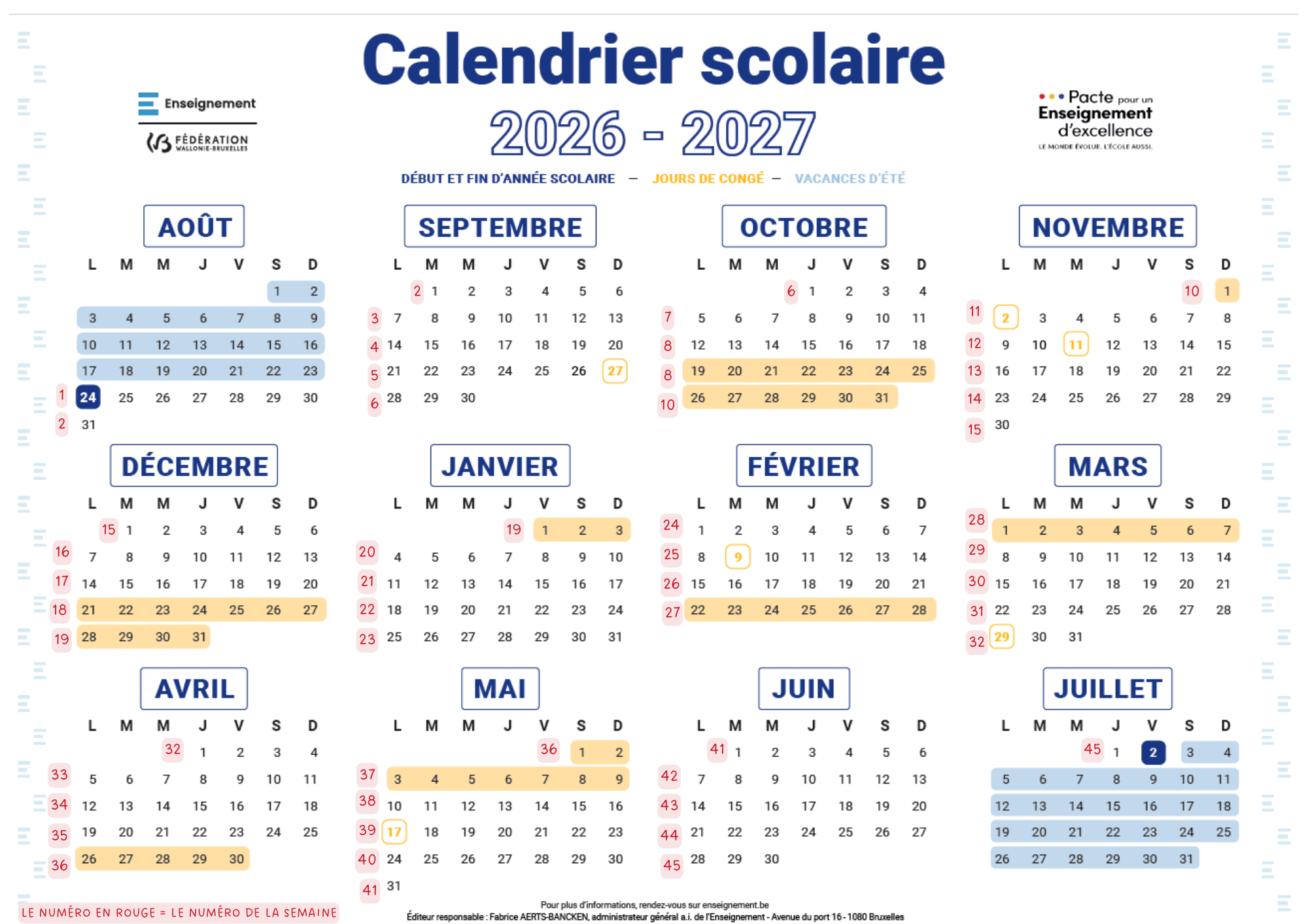 Calendrier avec numéros de semaine